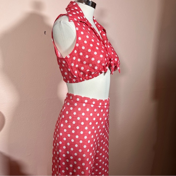 Vintage 1970 Mod Retro Deco Pink Polka dotted Crop top High waisted Pant Suit - Picture 13 of 17